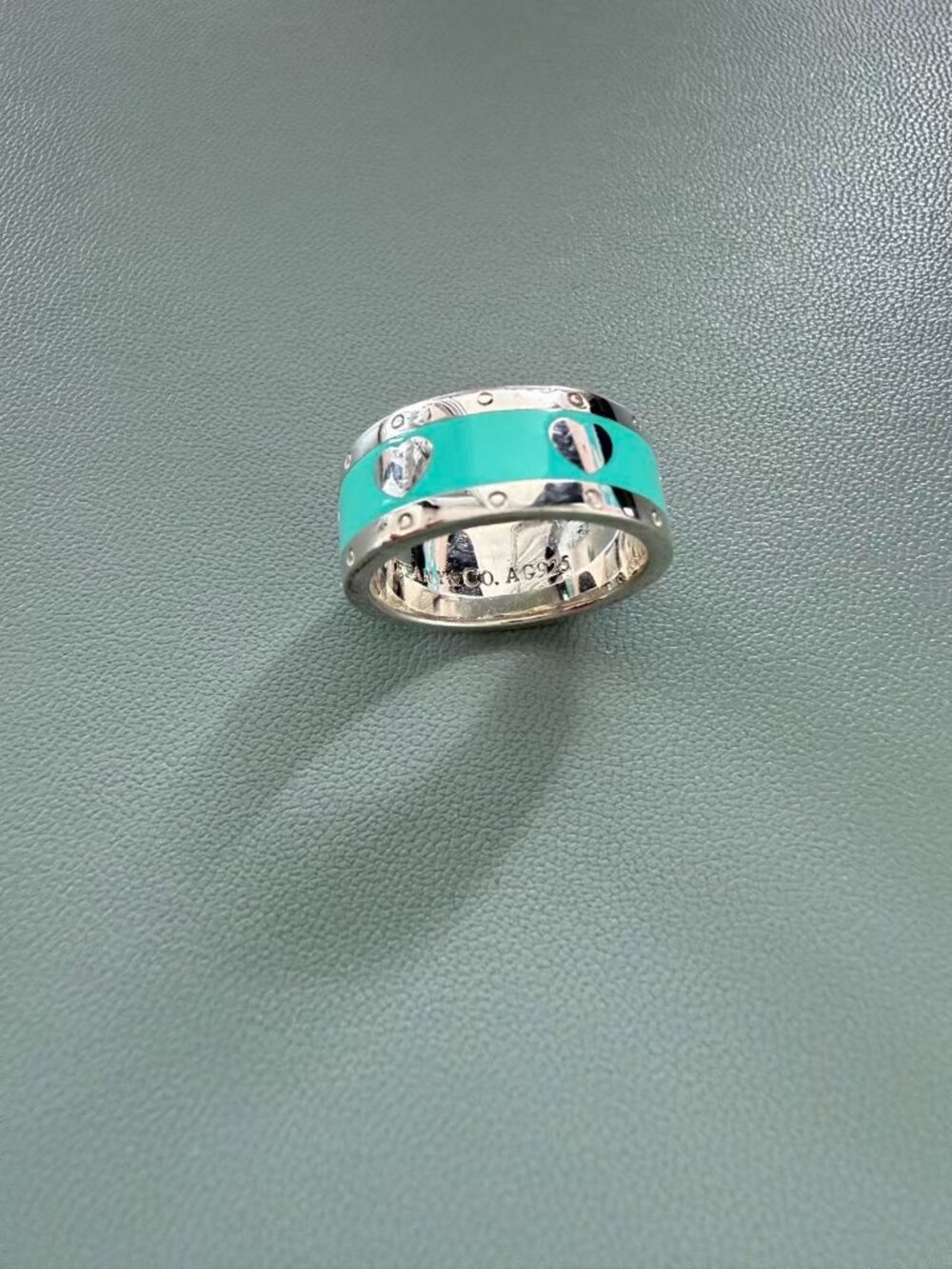 Tiffany & Co. Blue Enamel Heart Wide Band Ring Size 5